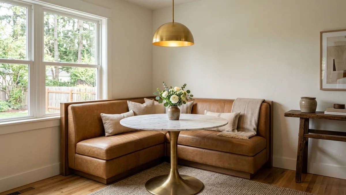 An elegant brass and leather banquette dining nook idea featuring a smooth camel leather bench, a marble-topped table with a brass base, and a brass pendant light.