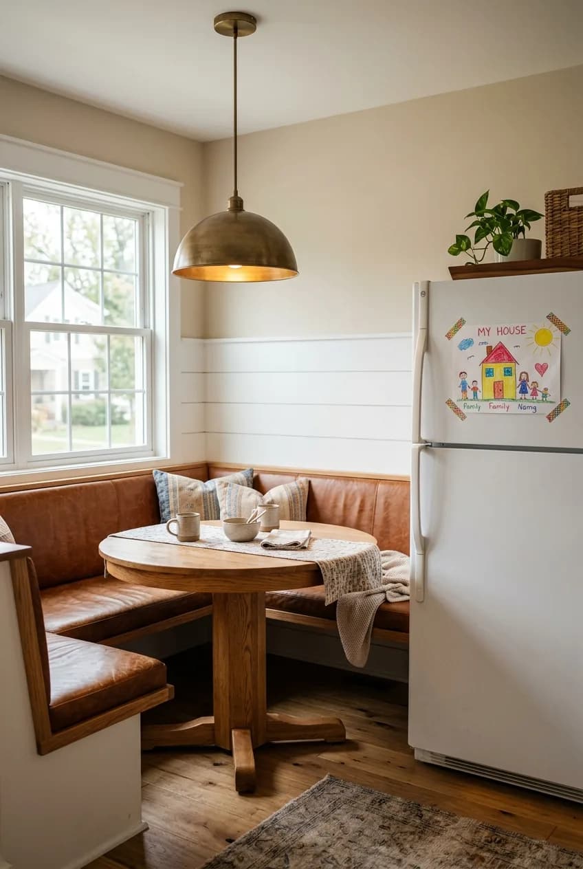 A practical brass and leather banquette idea for families, with durable cognac leather and a brushed brass light fixture.