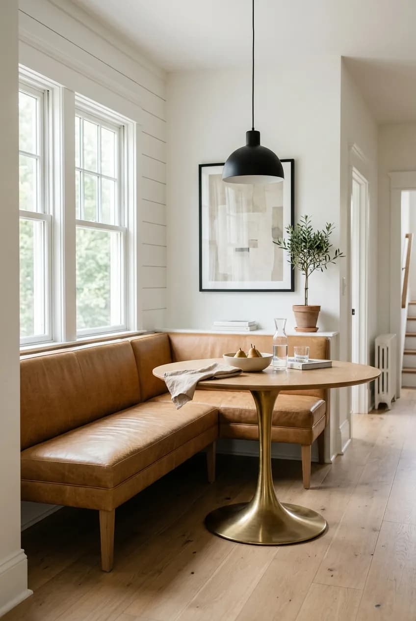 A modern brass and leather banquette dining nook featuring a smooth camel leather bench and a table with a polished brass base.