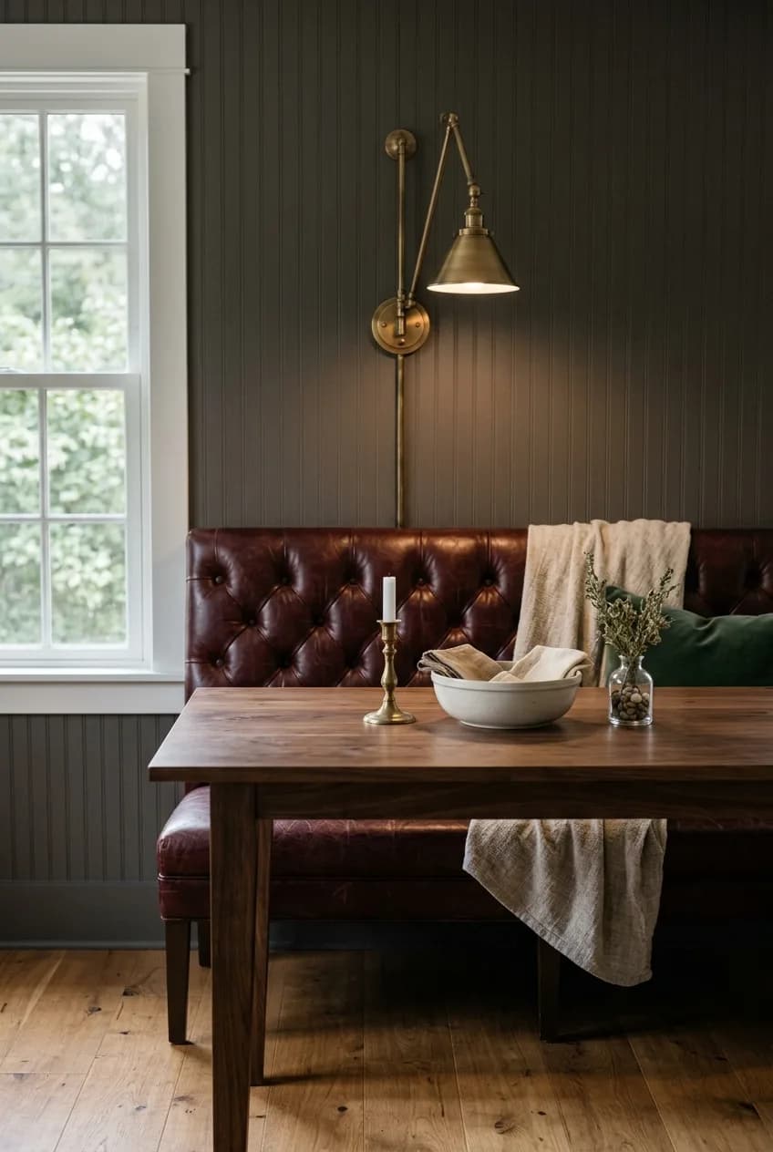 A moody brass and leather banquette idea with a tufted oxblood leather bench and an antique brass sconce.