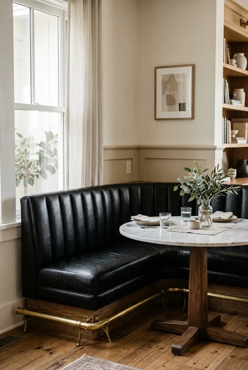 A Parisian-inspired brass and leather banquette nook with a fluted black leather seat and brass bistro details.