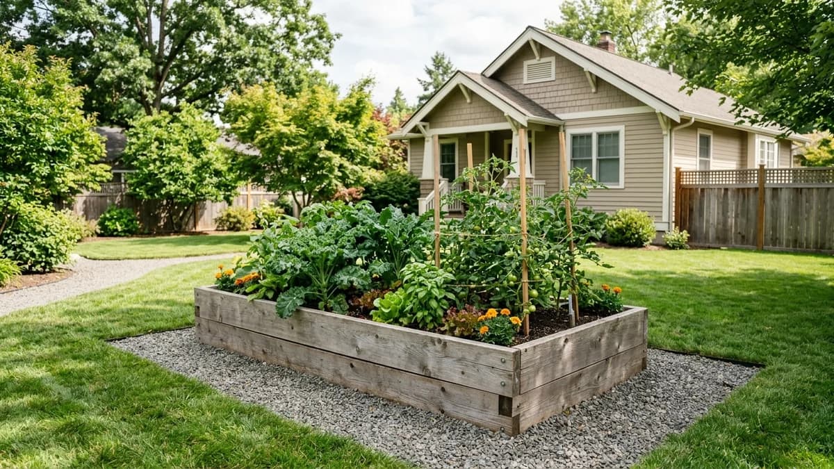 A sturdy cedar raised garden bed, built not to rot, sitting on a gravel foundation and filled with healthy vegetable plants.