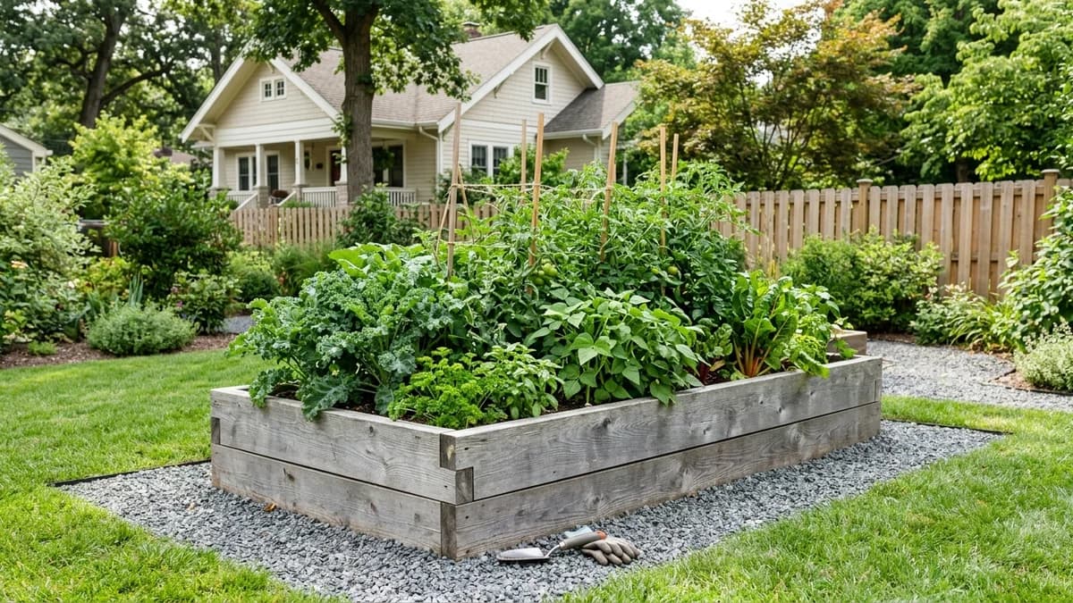 A sturdy cedar raised garden bed, built not to rot, sitting on a gravel foundation and filled with healthy vegetable plants.