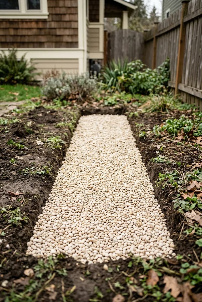 A key step to build a raised bed that won't rot: a prepared trench filled with gravel to serve as a foundation for the wood frame.