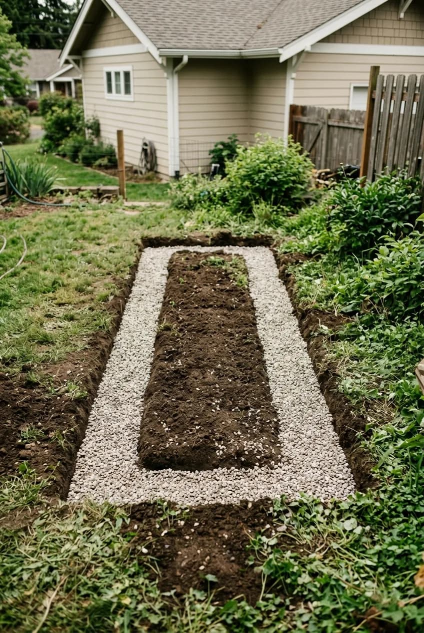 A key step to build a raised bed that won't rot: a prepared trench filled with gravel to serve as a foundation for the wood frame.