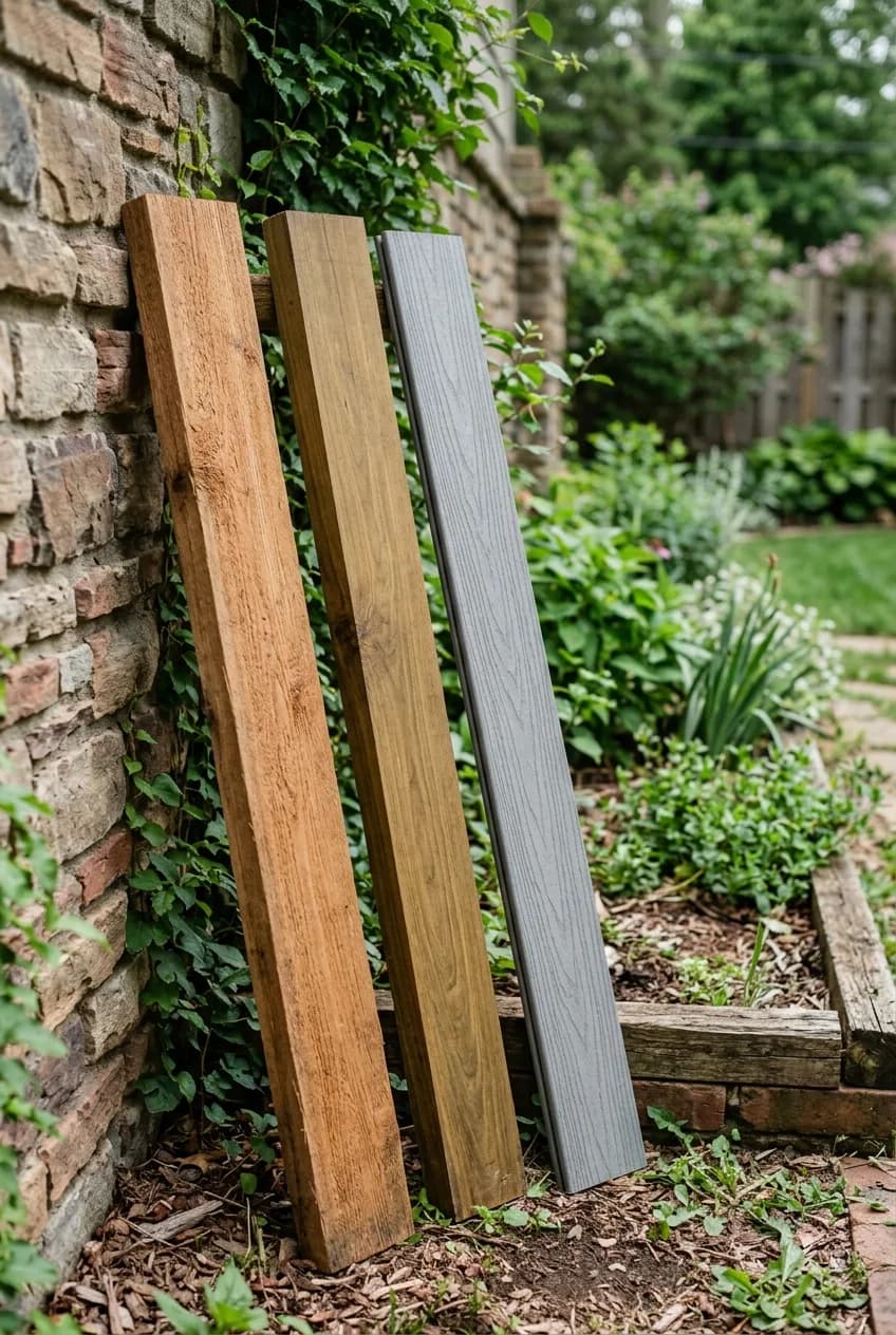 Comparing rot-proof material options for a raised garden bed: pieces of cedar, black locust, and composite decking are shown side-by-side.