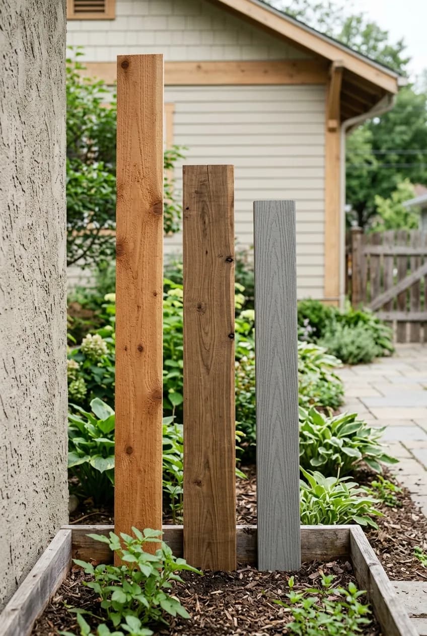 Comparing rot-proof material options for a raised garden bed: pieces of cedar, black locust, and composite decking are shown side-by-side.