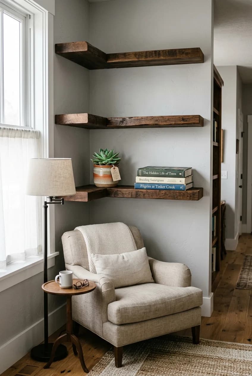 An awkward corner is styled with asymmetrical floating wood shelves, a built-in bookshelf idea for an airy, open feel.