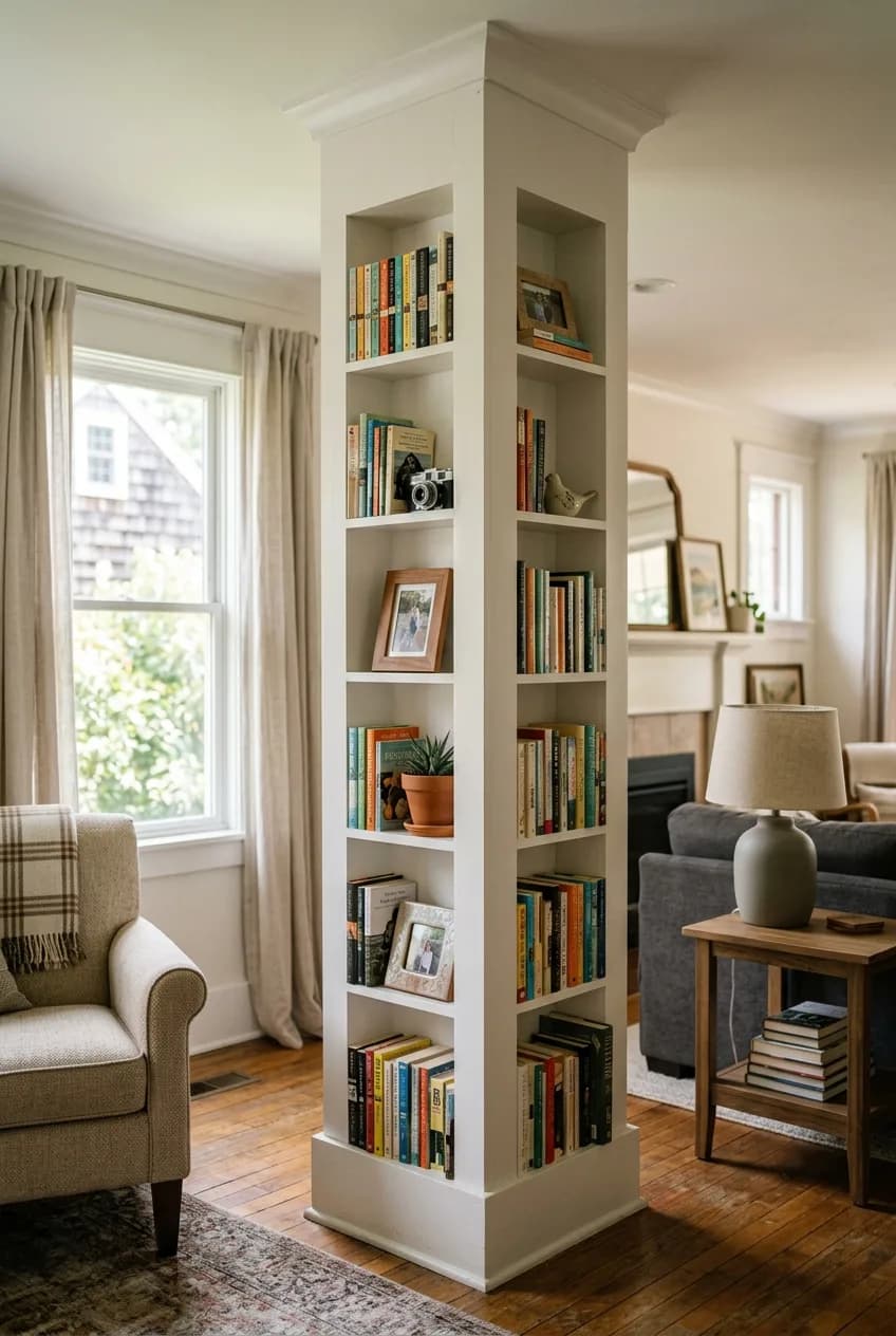 An idea for an awkward corner created by a column: shallow built-in bookshelves wrap around it to create a display pillar.