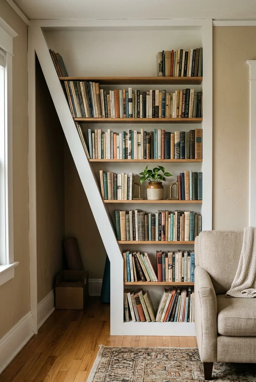 A built-in bookshelf idea showing a diagonal-faced unit solving a non-90-degree corner, creating hidden storage behind.