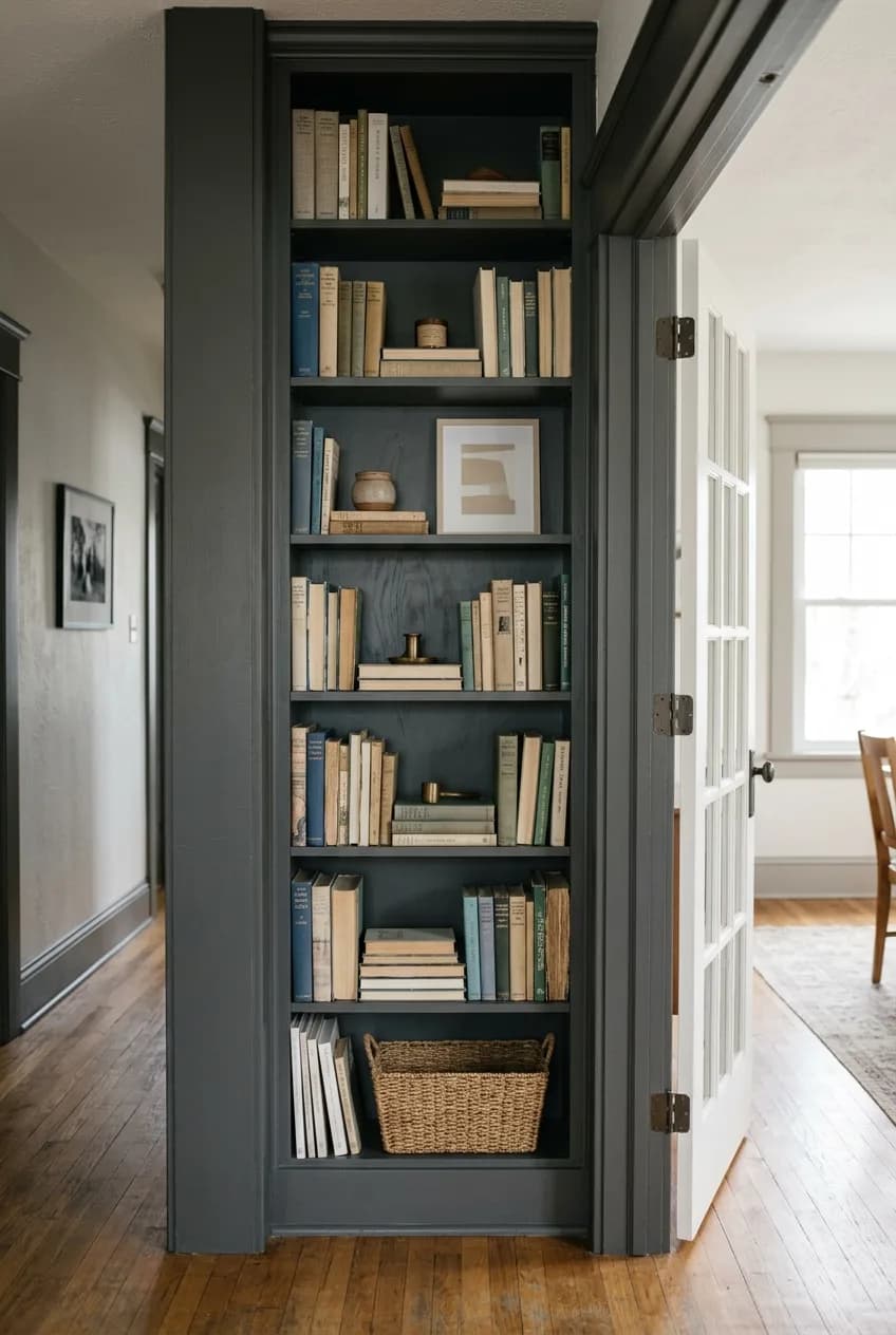 A built-in bookshelf idea framing a doorway, with the shelf and trim painted the same color to solve an awkward corner.