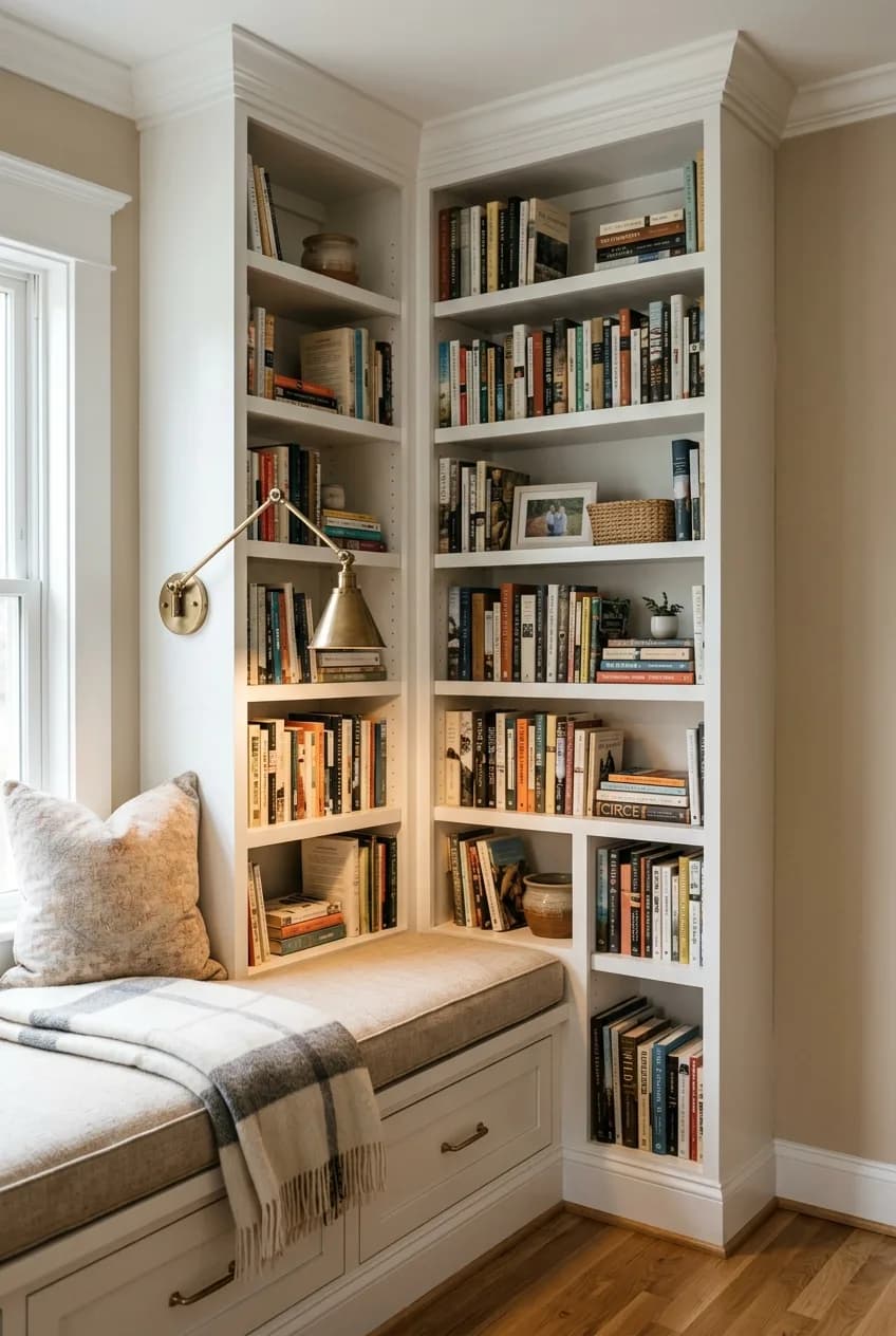 A close-up of a corner built-in bookshelf idea featuring a cozy reading bench and integrated light.