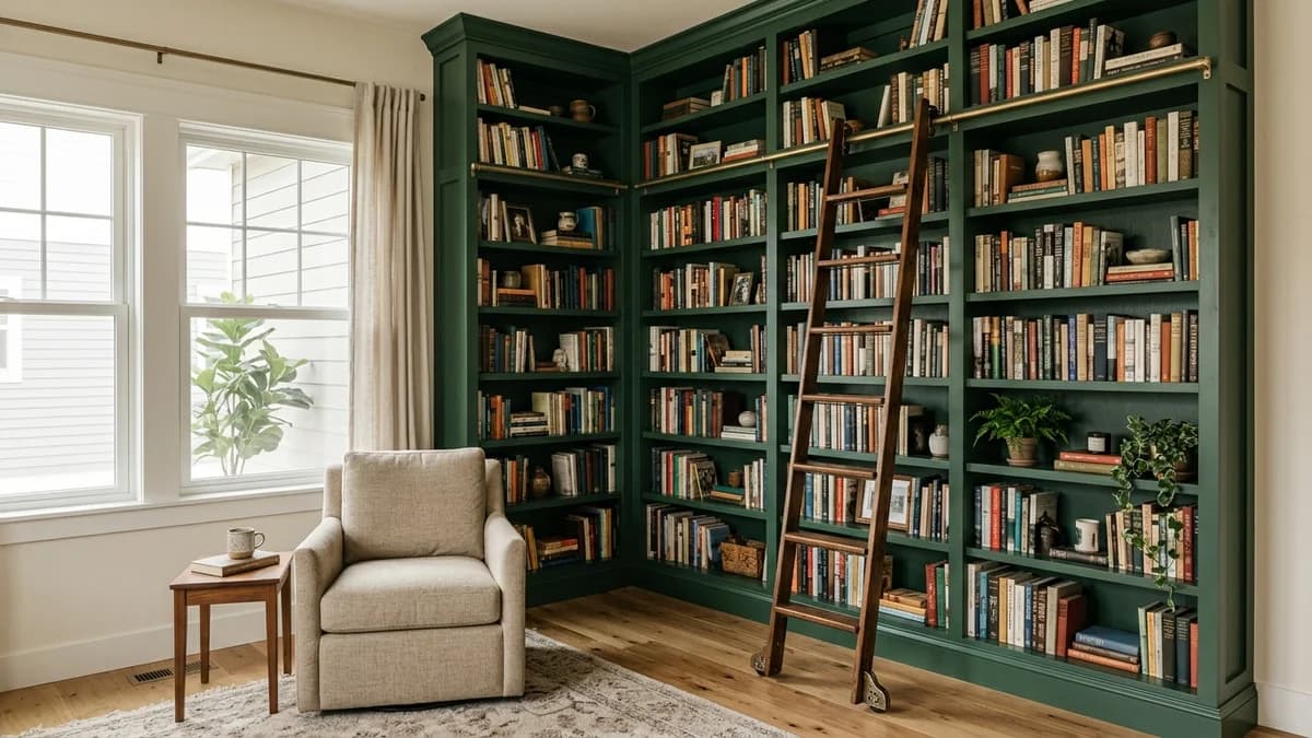Built-in bookshelf ideas for awkward corners: a dramatic floor-to-ceiling library nook with a rolling ladder serves as an architectural focal point.