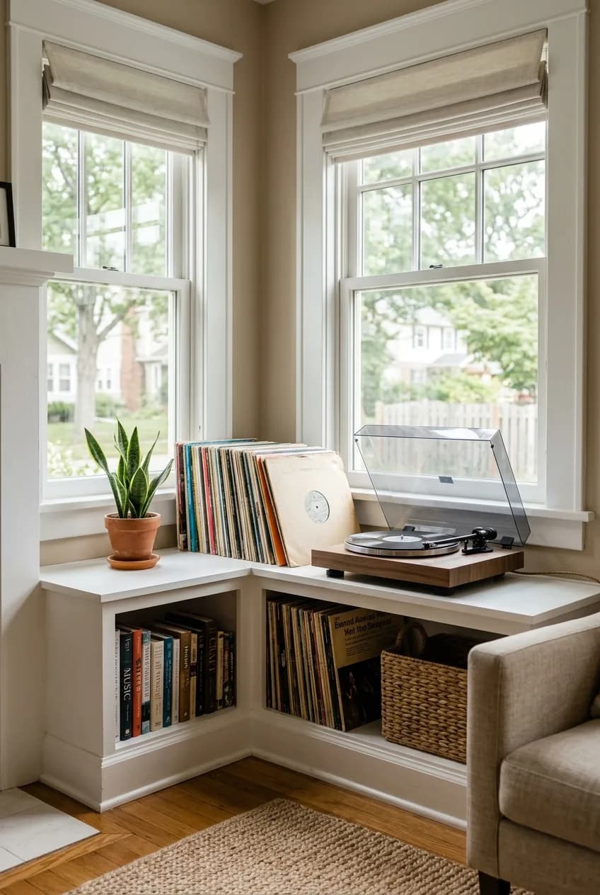 A built-in bookshelf idea using low horizontal ledges in a corner under a window to display a record collection.