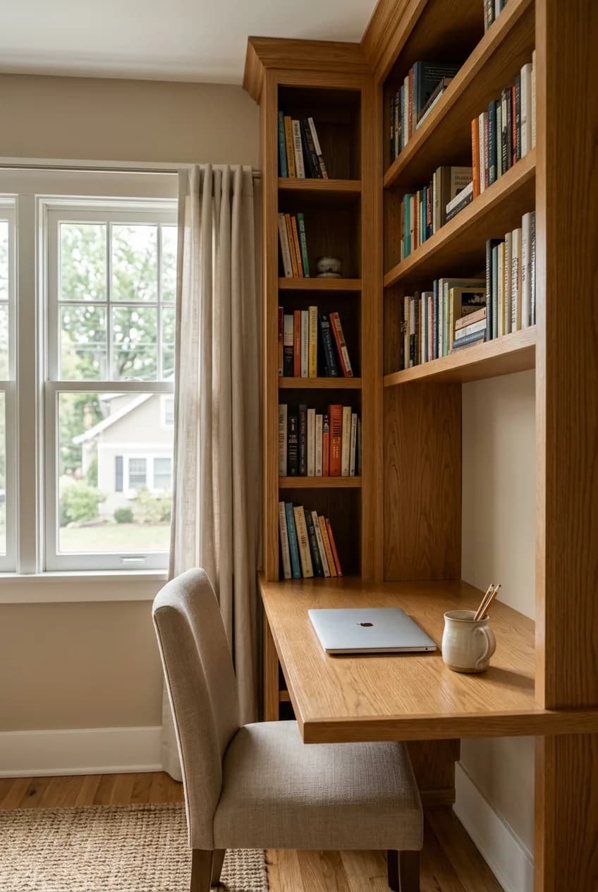 An awkward corner transformed with a built-in bookshelf idea that incorporates a wraparound desk shelf for a compact home office.