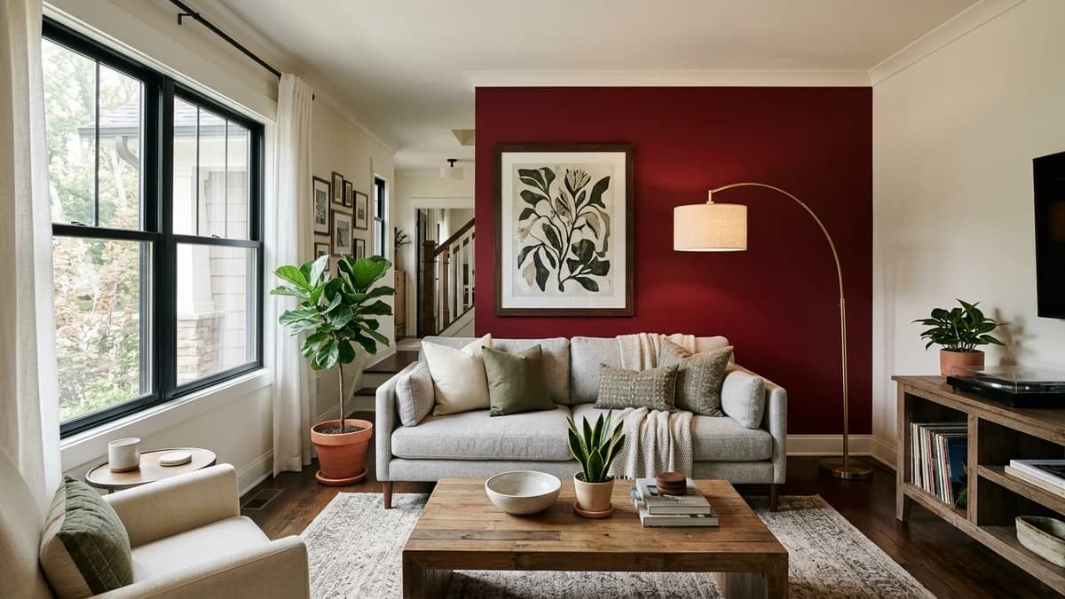 Cherry red accent wall ideas for a bold living room featuring a rich red wall behind a light gray sofa with brass floor lamp.