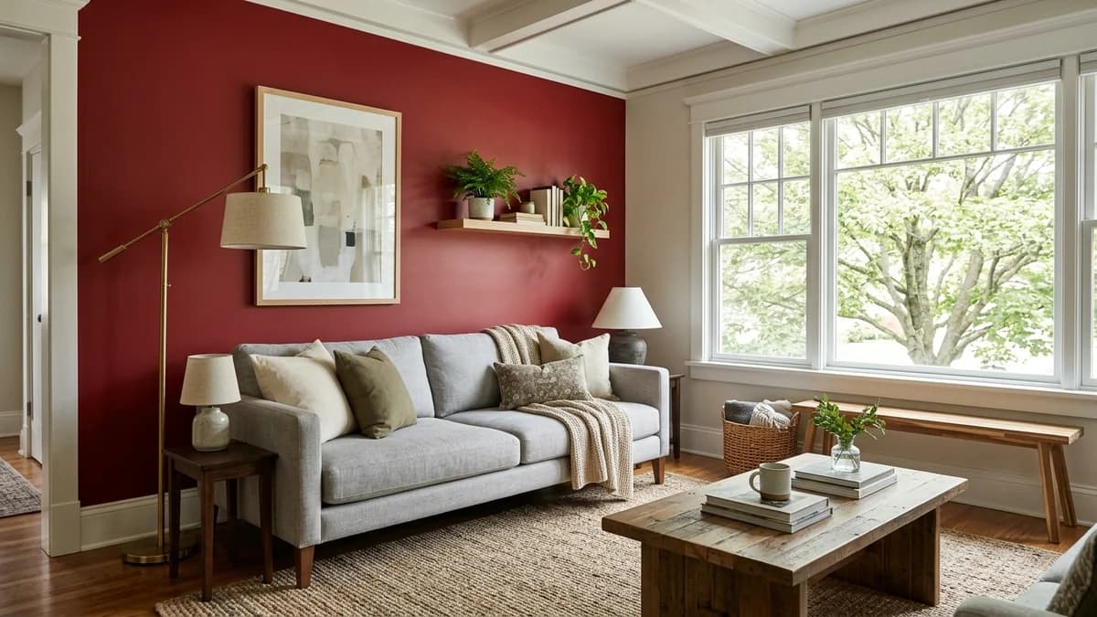 Cherry red accent wall ideas for a bold living room featuring a rich red wall behind a light gray sofa with brass floor lamp.