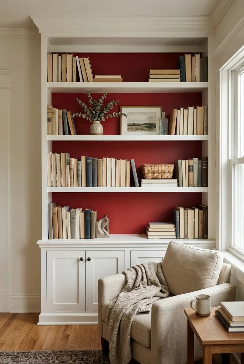 A creative cherry red accent wall idea where the back panel of a white bookshelf is painted red, making the decor pop.