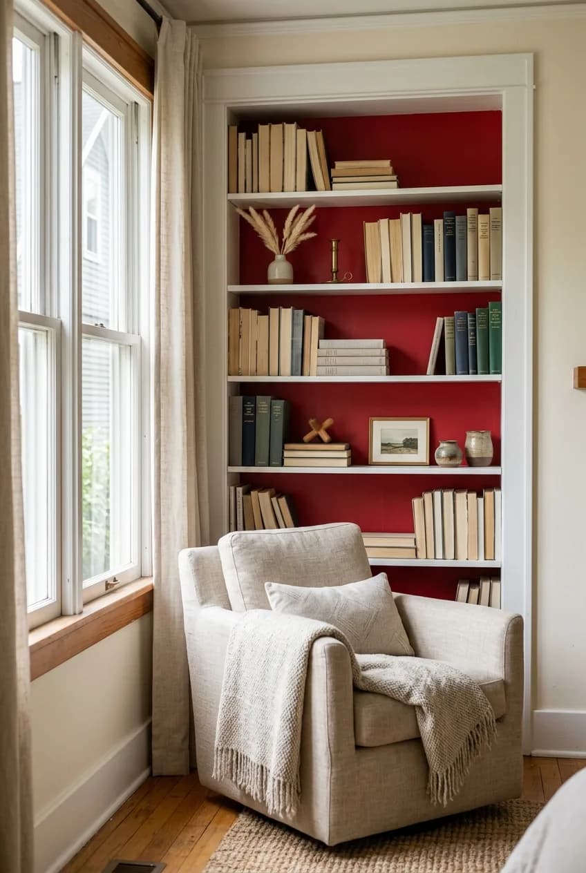 A creative cherry red accent wall idea where the back panel of a white bookshelf is painted red, making the decor pop.