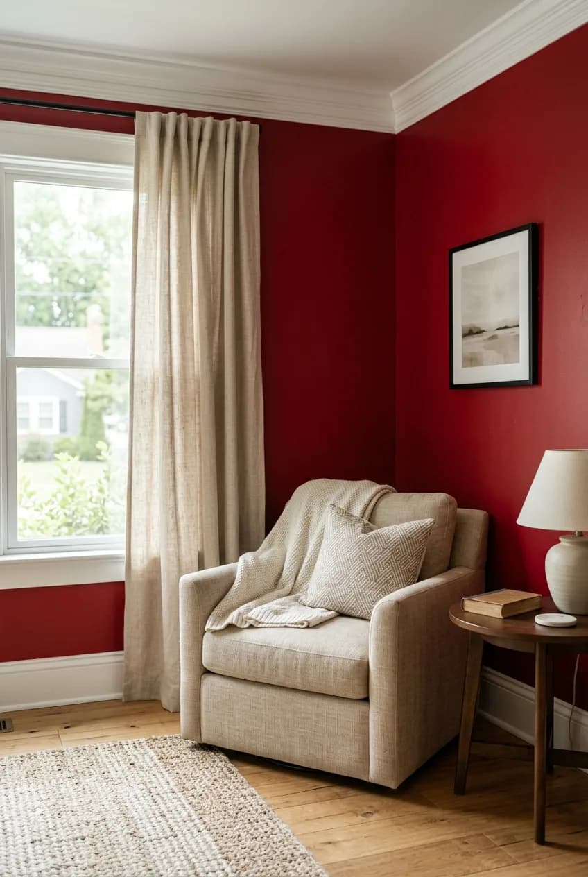 A cherry red accent wall idea showing the sharp contrast with clean, bright white trim and baseboards in a living room corner.