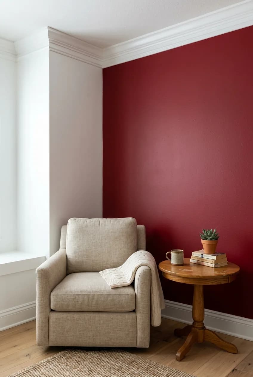 A cherry red accent wall idea showing the sharp contrast with clean, bright white trim and baseboards in a living room corner.