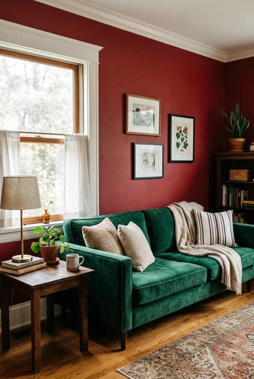 A bold living room design idea featuring a cherry red accent wall with a contrasting emerald green velvet sofa placed in front.