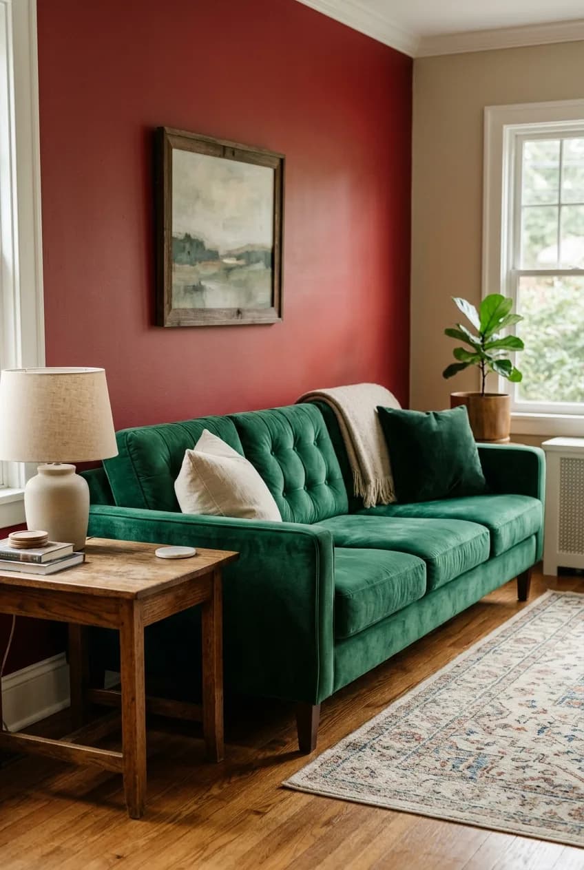 A bold living room design idea featuring a cherry red accent wall with a contrasting emerald green velvet sofa placed in front.