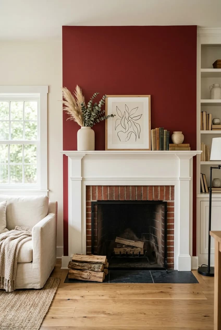 A clever cherry red accent wall idea showing only the fireplace chimney breast painted red to create a strong focal point.