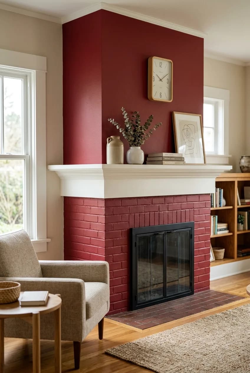 A clever cherry red accent wall idea showing only the fireplace chimney breast painted red to create a strong focal point.