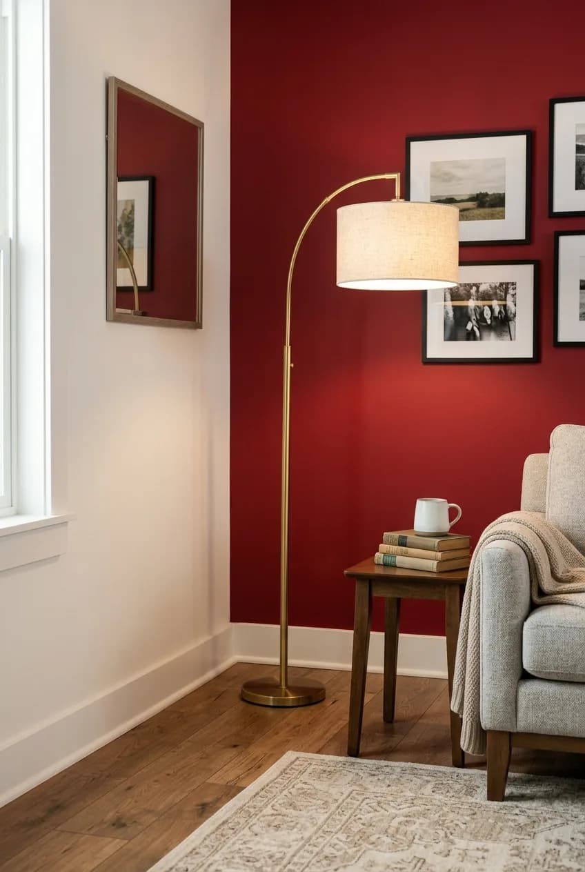 A living room with a cherry red accent wall featuring warm gold and brass accents, including a modern floor lamp.