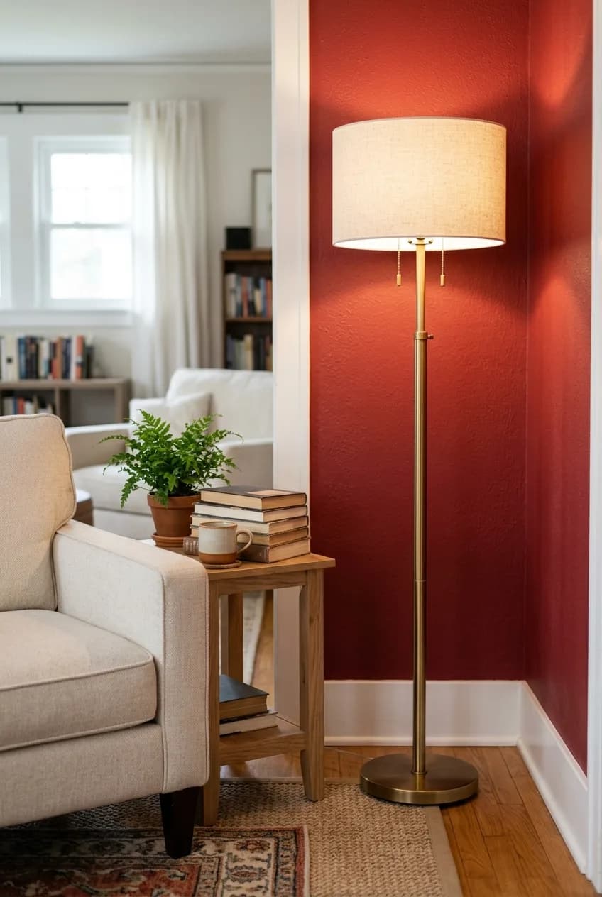 A living room with a cherry red accent wall featuring warm gold and brass accents, including a modern floor lamp.