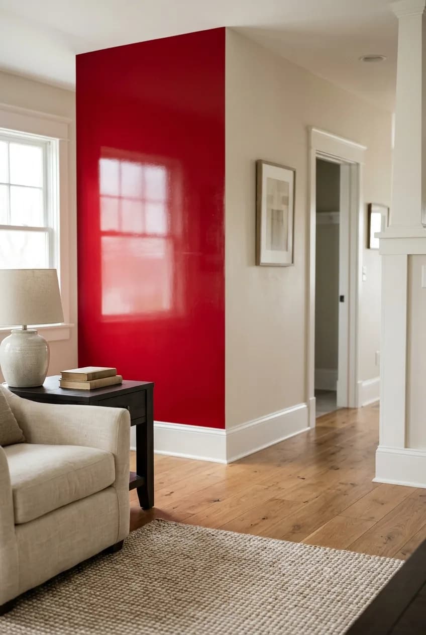 An example of cherry red accent wall ideas using a high-gloss lacquered finish for a dramatic, light-reflecting effect.