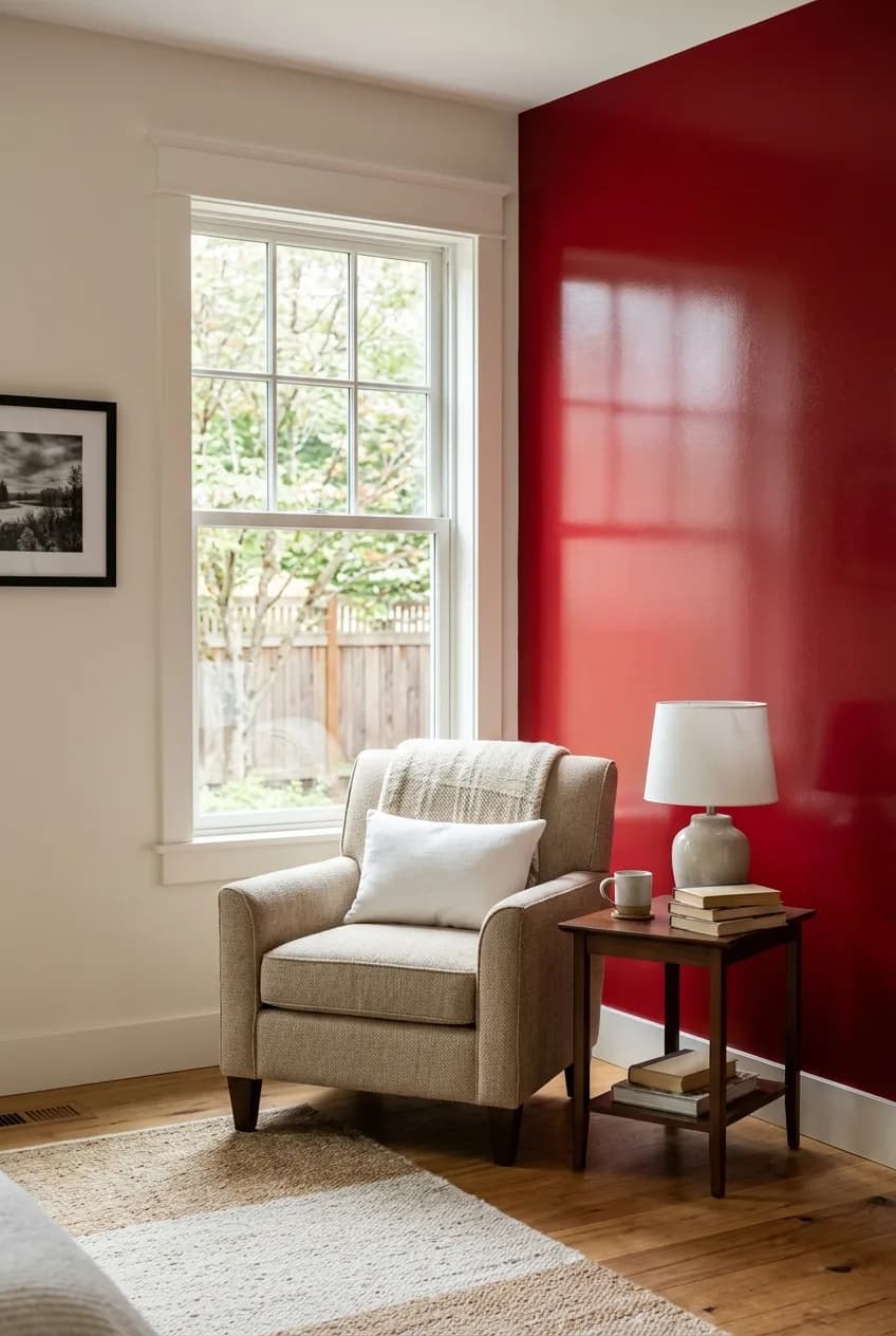 An example of cherry red accent wall ideas using a high-gloss lacquered finish for a dramatic, light-reflecting effect.