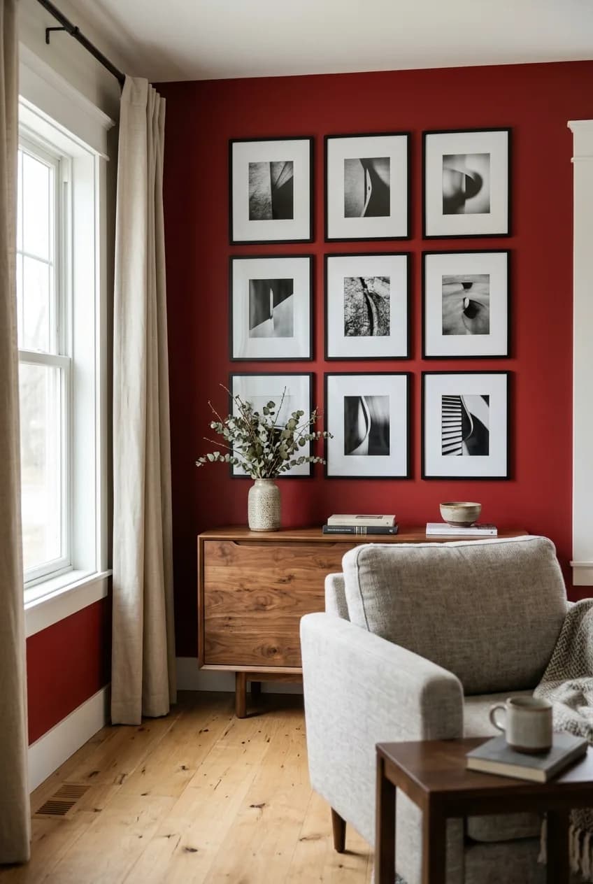 An example of cherry red accent wall ideas with a sophisticated gallery wall of black and white art in simple black frames.