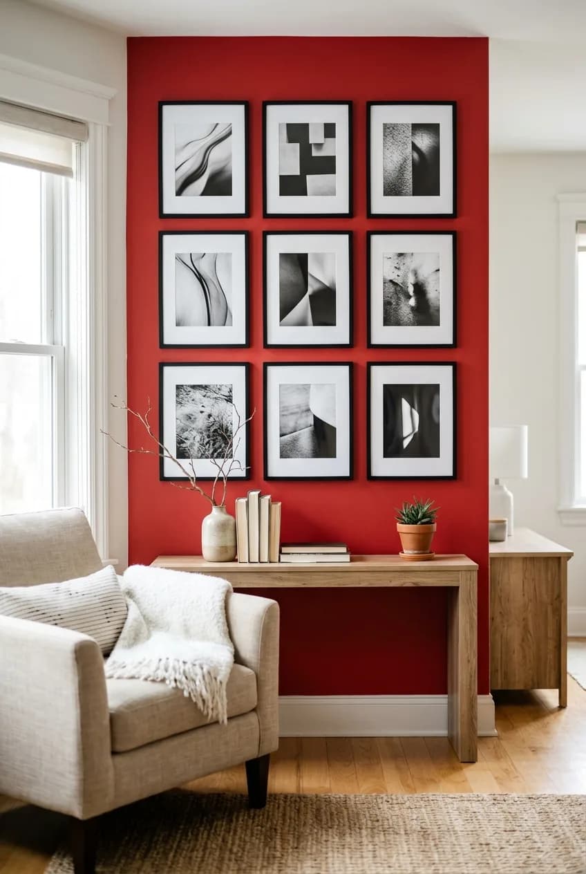 An example of cherry red accent wall ideas with a sophisticated gallery wall of black and white art in simple black frames.