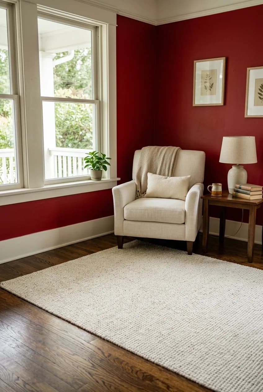 A cherry red accent wall in a living room is balanced by a large, neutral cream area rug, grounding the bold color choice.