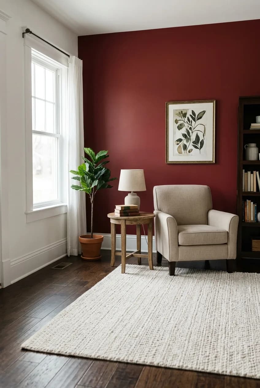 A cherry red accent wall in a living room is balanced by a large, neutral cream area rug, grounding the bold color choice.