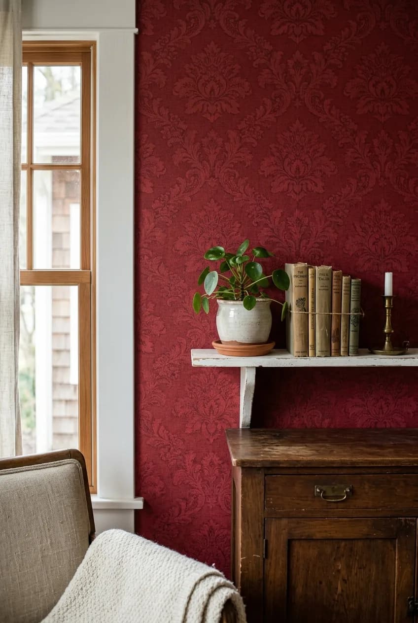A sophisticated cherry red accent wall idea using a tone-on-tone damask patterned wallpaper for added depth and texture.