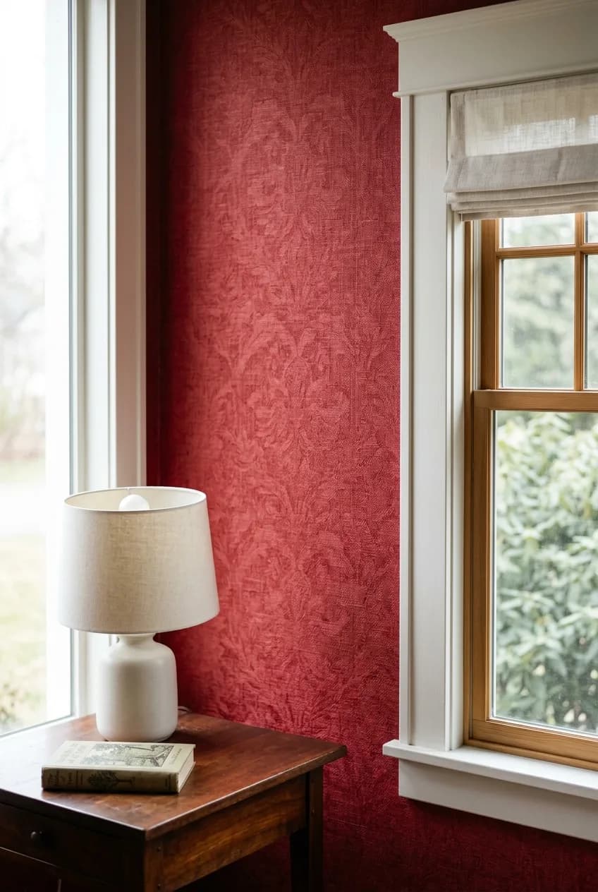 A sophisticated cherry red accent wall idea using a tone-on-tone damask patterned wallpaper for added depth and texture.