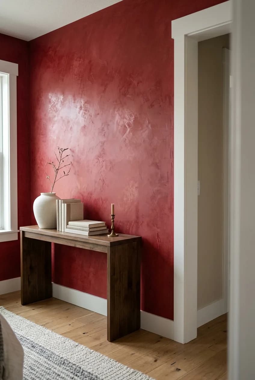 Cherry red accent wall ideas using a textured Venetian plaster finish that creates depth and luxury in a living room.
