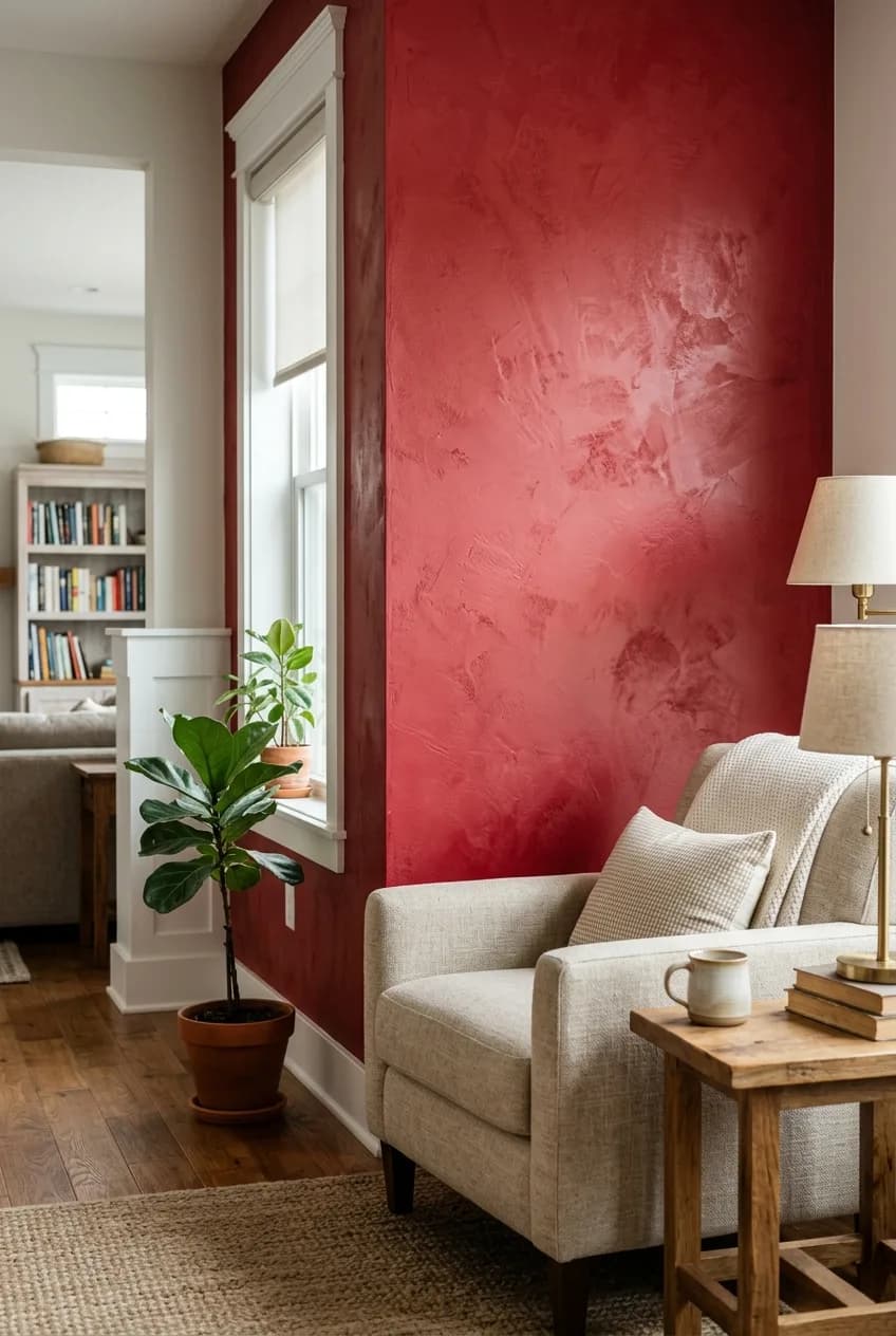Cherry red accent wall ideas using a textured Venetian plaster finish that creates depth and luxury in a living room.