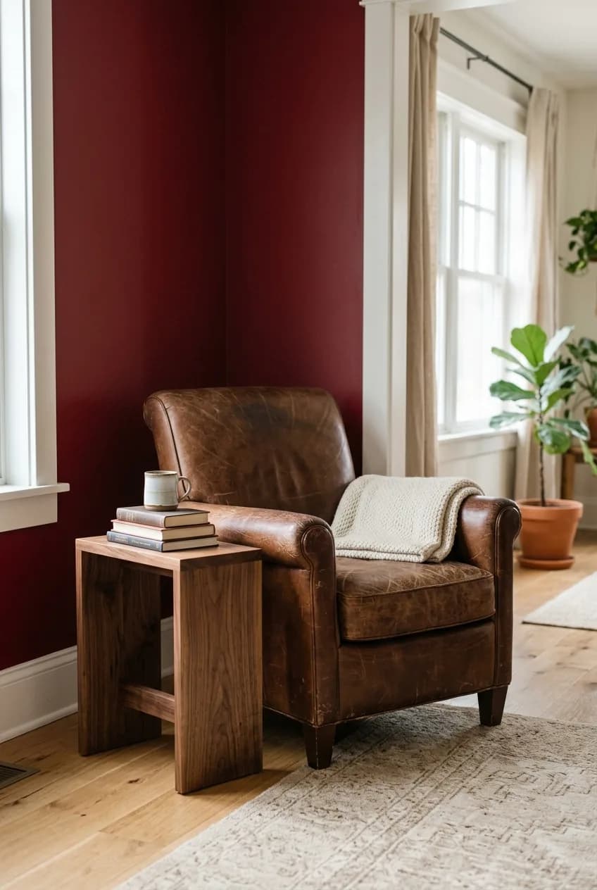 A cherry red accent wall is warmed up with a classic brown leather armchair, embodying this living room decor idea.