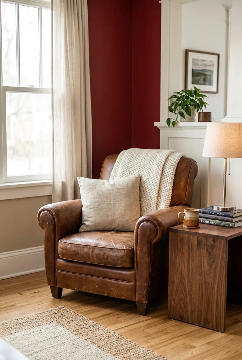A cherry red accent wall is warmed up with a classic brown leather armchair, embodying this living room decor idea.
