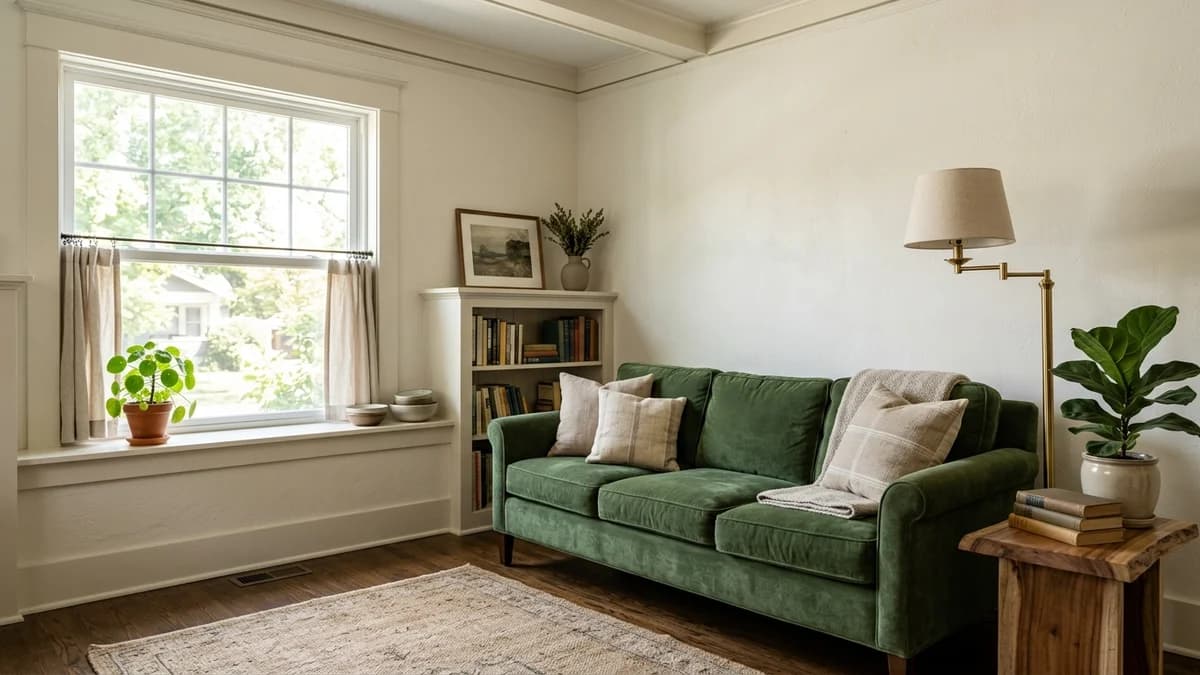A small living room with walls and trim painted a cohesive off-white, a strategy for choosing a paint color to make a room feel bigger.