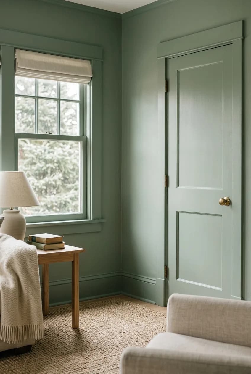 A close-up of a small living room corner, where color drenching walls and trim in the same sage green makes the space feel larger.