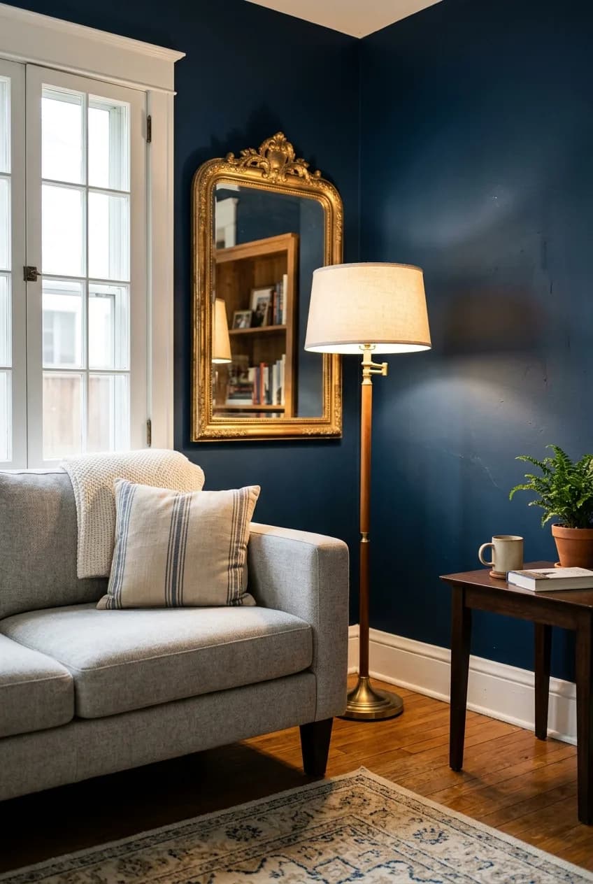 A small living room painted a dramatic navy blue, a bold choice of paint color that creates a cozy, jewel-box feel.