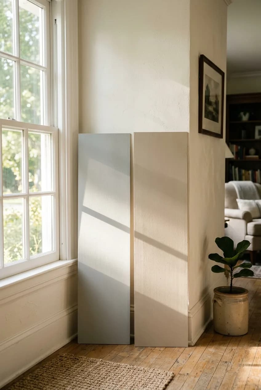 Choosing a paint color for a small living room requires testing samples in natural light, as shown here with warm and cool swatches.