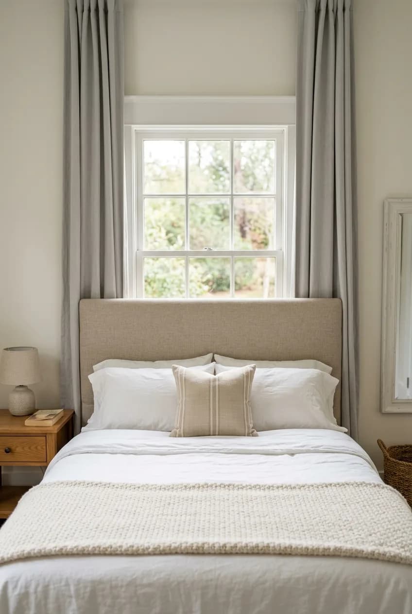 An example of choosing curtain length for a bedroom window, with floor-length curtains hanging neatly behind a headboard.