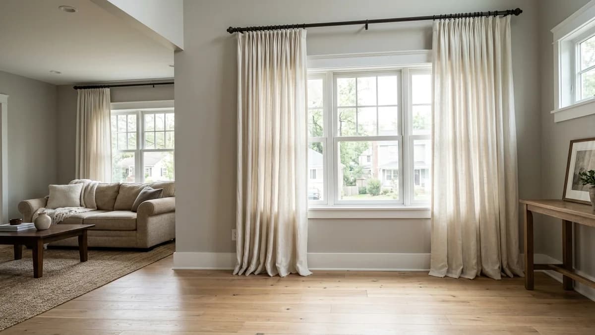 A guide to choosing curtain length, shown by perfectly hung, elegant floor-length curtains in a bright living room that make the ceiling feel high.