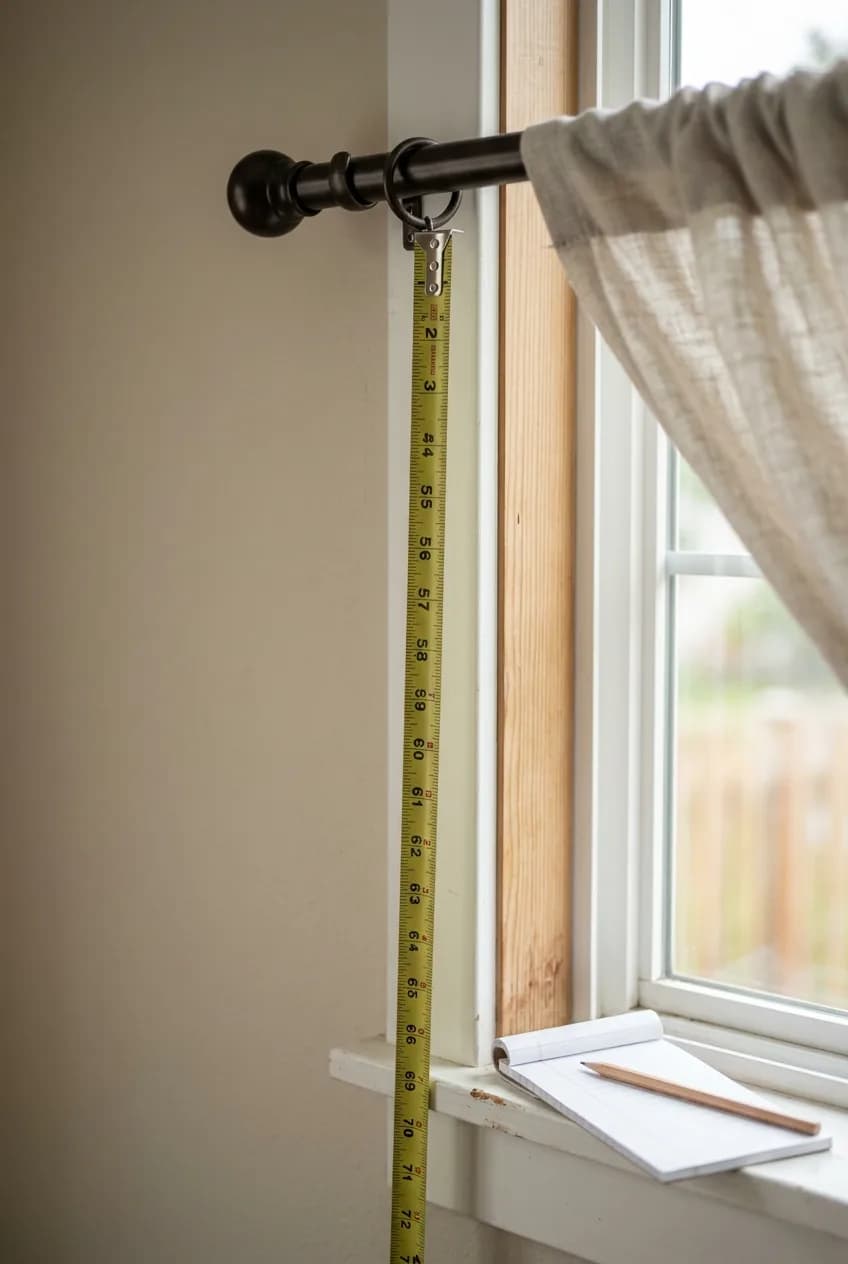 A guide to choosing curtain length, showing a metal tape measure extending from a high-mounted curtain rod to the floor.